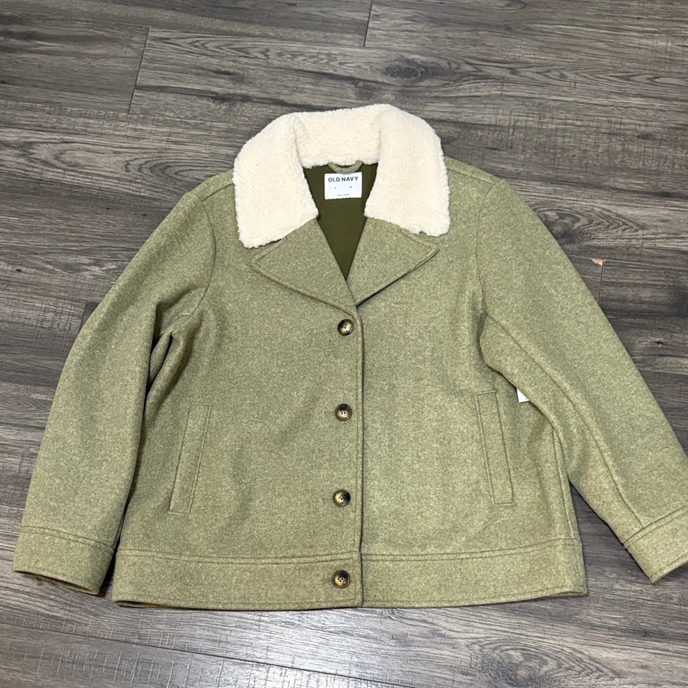 NWT Old Navy Olive Pea Coat with Cream Collar
